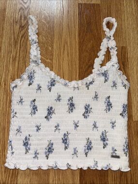 Hollister Smocked White Floral Crop Tank Top with Ruffled Straps